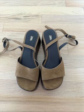Zara Brown Suede Platform Sandals with Ankle Strap - Women